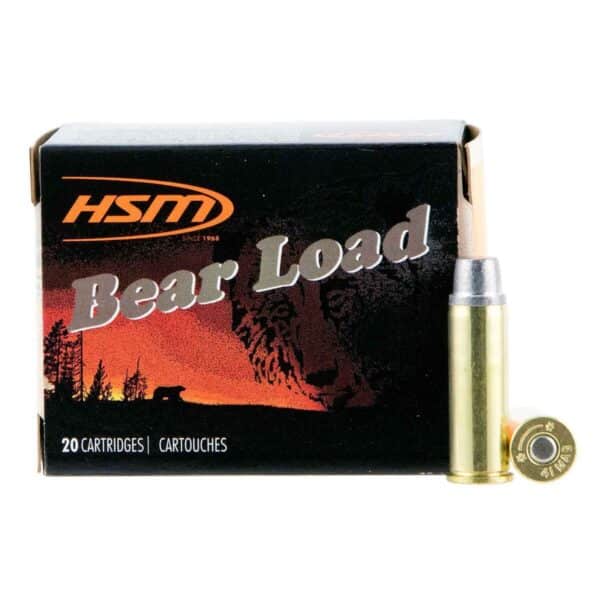 Box of HSM Bear Load 41 Rem Mag 230GR SWC ammunition with a single cartridge displayed beside it.