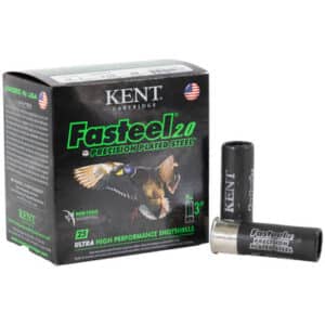 A box of Kent Fasteel 2.0 ultra high performance shotshells, featuring a design with ducks and indicating precision plated steel.