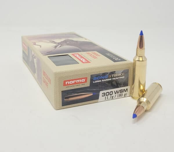 Box of Norma .300 WSM ammunition with two cartridges featuring blue polymer tips, set against a white background.