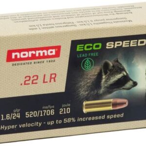 NORMA ECO SPEED 24GR 22LR - A box of Norma Eco Speed-22 .22 LR ammunition, featuring a raccoon image and details about its lead-free, high-velocity performance.