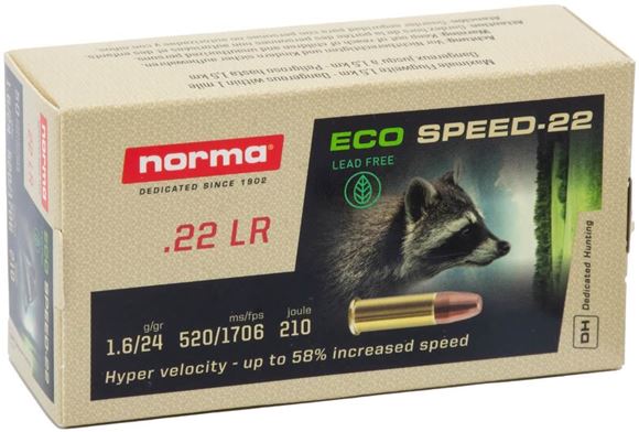 NORMA ECO SPEED 24GR 22LR - A box of Norma Eco Speed-22 .22 LR ammunition, featuring a raccoon image and details about its lead-free, high-velocity performance.