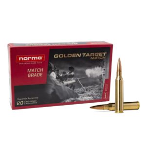 A box of Norma Golden Target Match Grade ammunition beside two rifle cartridges.