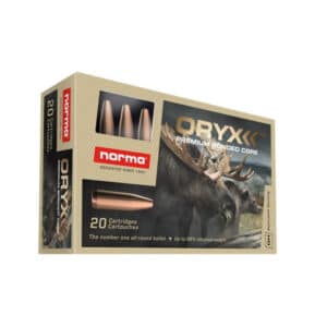 Box of Norma Oryx ammunition with image of a moose and bear, highlighting 20 cartridges.