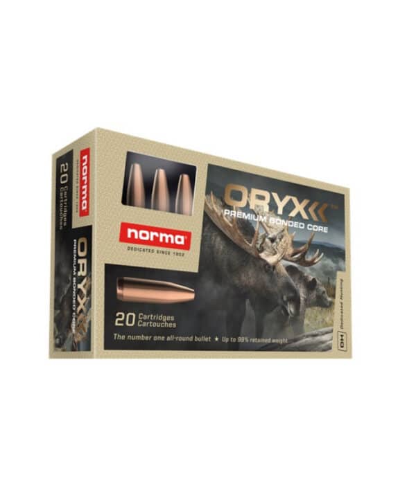 Box of Norma Oryx ammunition with image of a moose and bear, highlighting 20 cartridges.