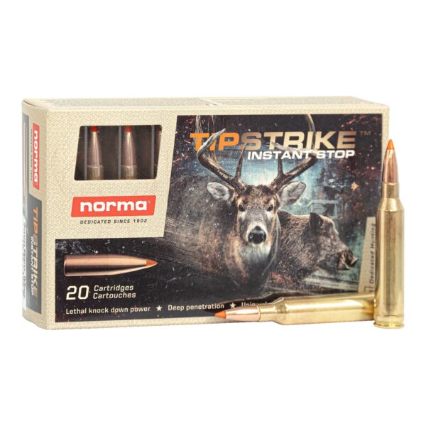 Box of 20 Norma Tipstrike cartridges with image of deer, alongside two visible bullets.