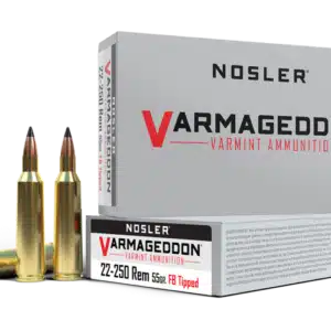 Box of Nosler 22-250 REM 55GR Varmageddon varmint ammunition and two bullets.