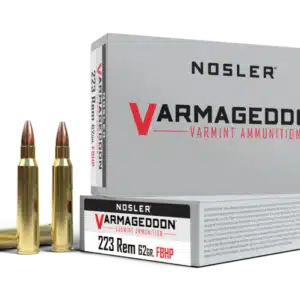 A box of Nosler Varmageddon varmint ammunition with two bullets displayed in front.