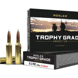 Box of Nosler Trophy Grade ammunition with two rifle cartridges displayed in front.