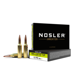 Box of Nosler Ballistic Tip ammunition with two rifle cartridges displayed in front.