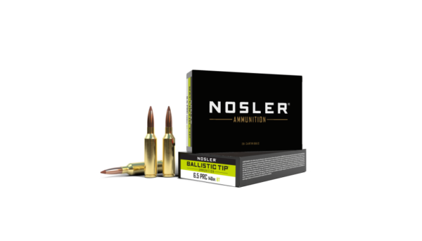 Box of Nosler Ballistic Tip ammunition with two rifle cartridges displayed in front.