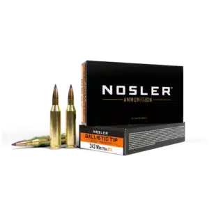 A box of Nosler Ballistic Tip ammunition with three cartridges displayed in front.