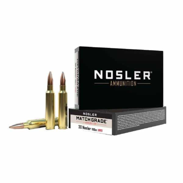 Box of Nosler ammunition with two rifle cartridges displayed in front.