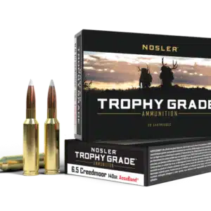 Box of Nosler Trophy Grade ammunition with two rifle cartridges displayed in front.