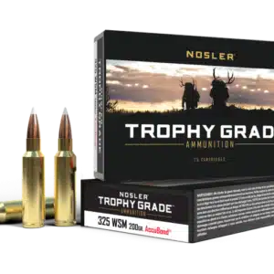 A box of Nosler Trophy Grade ammunition with two rifle cartridges displayed in the foreground.