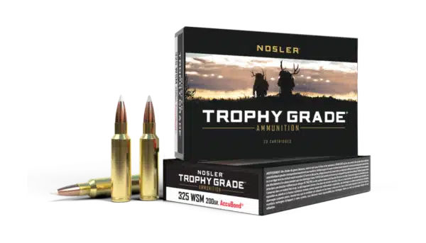 A box of Nosler Trophy Grade ammunition with two rifle cartridges displayed in the foreground.