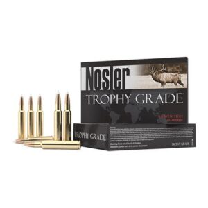 NOSLER TG AMMO 6.5-284 NORMA 120GR BT - Nosler Trophy Grade ammunition box with five gold-colored cartridges, featuring an illustration of an elk on the packaging.