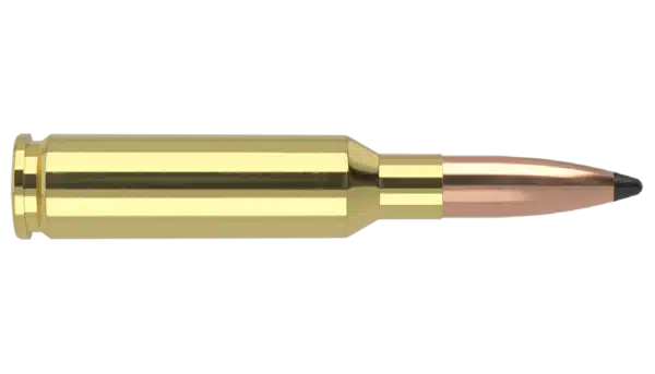 Side view of a single rifle cartridge with a copper bullet.