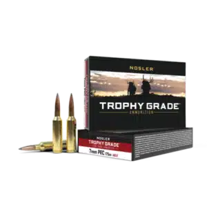 Box of Nosler Trophy Grade ammunition with two cartridges displayed in front.