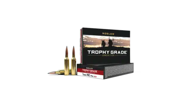 Box of Nosler Trophy Grade ammunition with two cartridges displayed in front.