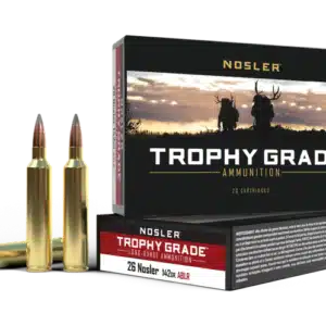 Box of Nosler Trophy Grade ammunition with two rifle cartridges displayed in front.