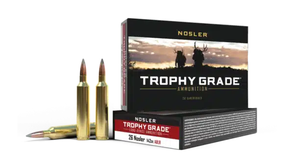 Box of Nosler Trophy Grade ammunition with two rifle cartridges displayed in front.