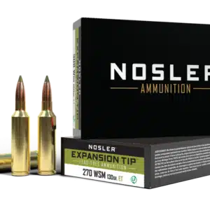 Nosler Ammunition box with two lead-free bullets next to it, labeled 270 WSM, 130-grain Expansion Tip.