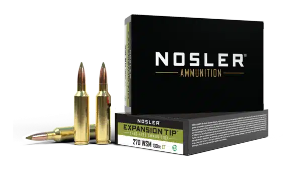 Nosler Ammunition box with two lead-free bullets next to it, labeled 270 WSM, 130-grain Expansion Tip.