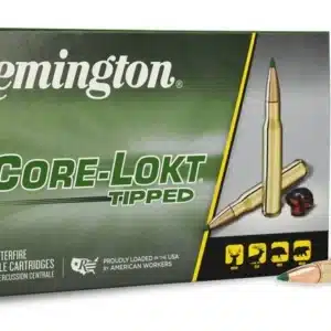 Box of Remington Core-Lokt Tipped rifle cartridges with two bullets displayed outside.