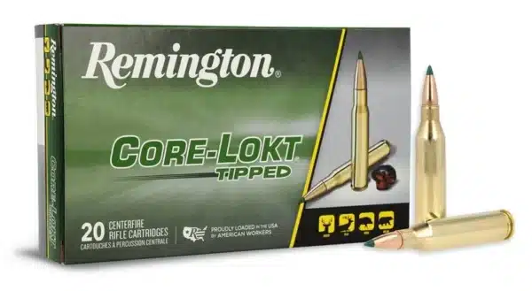 Box of Remington Core-Lokt Tipped rifle cartridges with two bullets displayed outside.