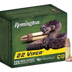 A box of Remington .22 Viper rimfire cartridges with a snake graphic, featuring two cartridges in front on a white background.