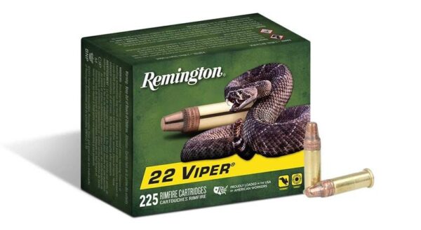 A box of Remington .22 Viper rimfire cartridges with a snake graphic, featuring two cartridges in front on a white background.