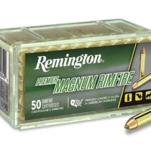 Box of Remington Premier Magnum Rimfire cartridges, containing 50 rounds, with one bullet displayed beside it.