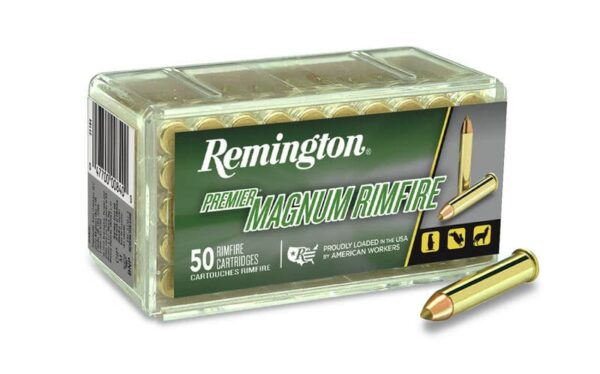 Box of Remington Premier Magnum Rimfire cartridges, containing 50 rounds, with one bullet displayed beside it.