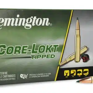 A box of Remington Core-Lokt Tipped rifle cartridges with one bullet displayed in front of it.