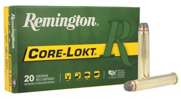 A box of Remington Core-Lokt rifle cartridges next to a single bullet.