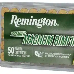 A pack of Remington Magnum Rimfire cartridges with one bullet displayed outside.