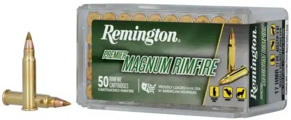 A pack of Remington Magnum Rimfire cartridges with one bullet displayed outside.