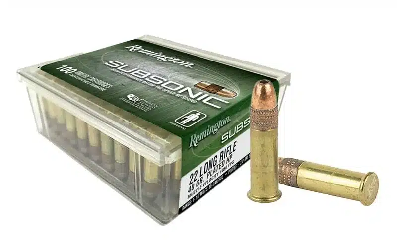 A box of Remington Subsonic 22 Long Rifle ammunition with two bullets, featuring brass casings and copper-plated projectiles.