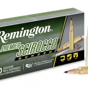 Box of Remington Premier Scirocco Bonded rifle cartridges with two bullets displayed in front.