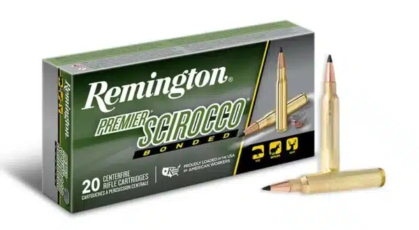 Box of Remington Premier Scirocco Bonded rifle cartridges with two bullets displayed in front.