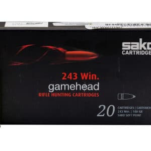 A box of Sako Gamehead rifle cartridges with one bullet outside the box.