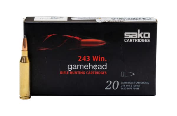 A box of Sako Gamehead rifle cartridges with one bullet outside the box.