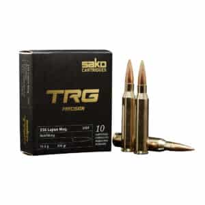 A box of Sako TRG Precision .338 Lapua Mag cartridges with two bullets outside.