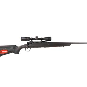 Black Savage rifle with scope on white backdrop.