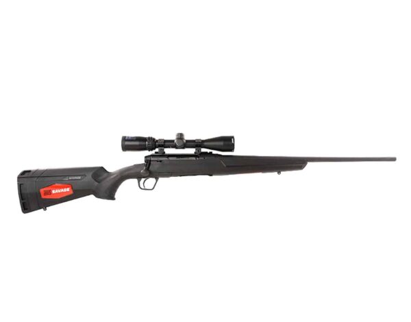 Black Savage rifle with scope on white backdrop.