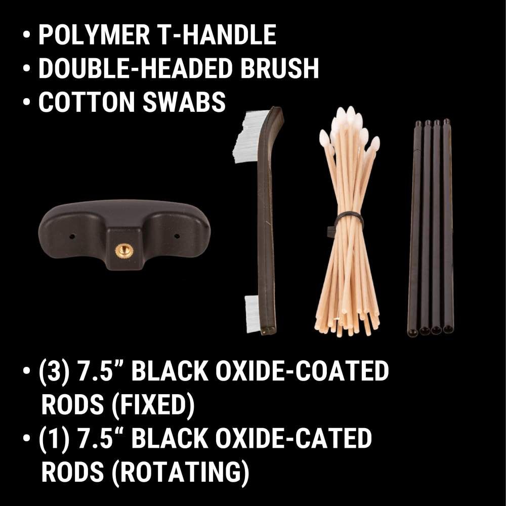 Image of a cleaning kit featuring a polymer T-handle, a double-headed brush, cotton swabs, and black oxide-coated rods.
