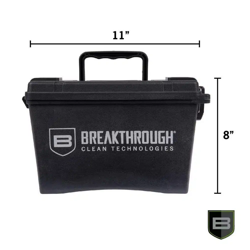 Black Breakthrough Clean Technologies storage case with handle, measuring 11 inches wide by 8 inches tall, featuring a logo on the front.