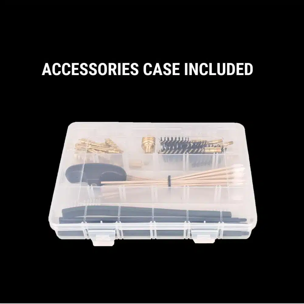 Clear accessories case featuring various tools, including brushes, rods, and connectors, displayed against a black background.