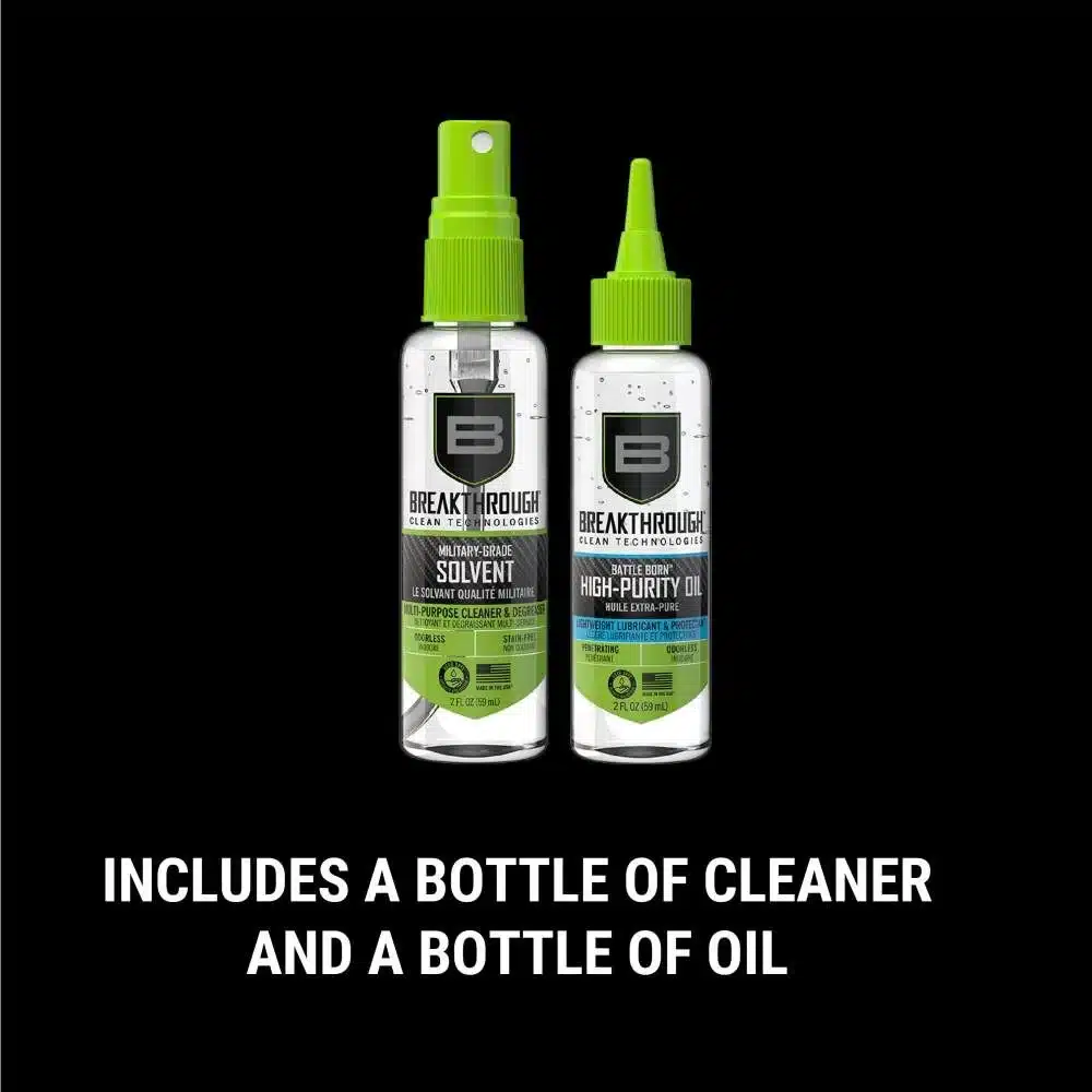 Image of two spray bottles labeled "Military-Grade Solvent" and "High-Purity Oil," promoting gun cleaning products.