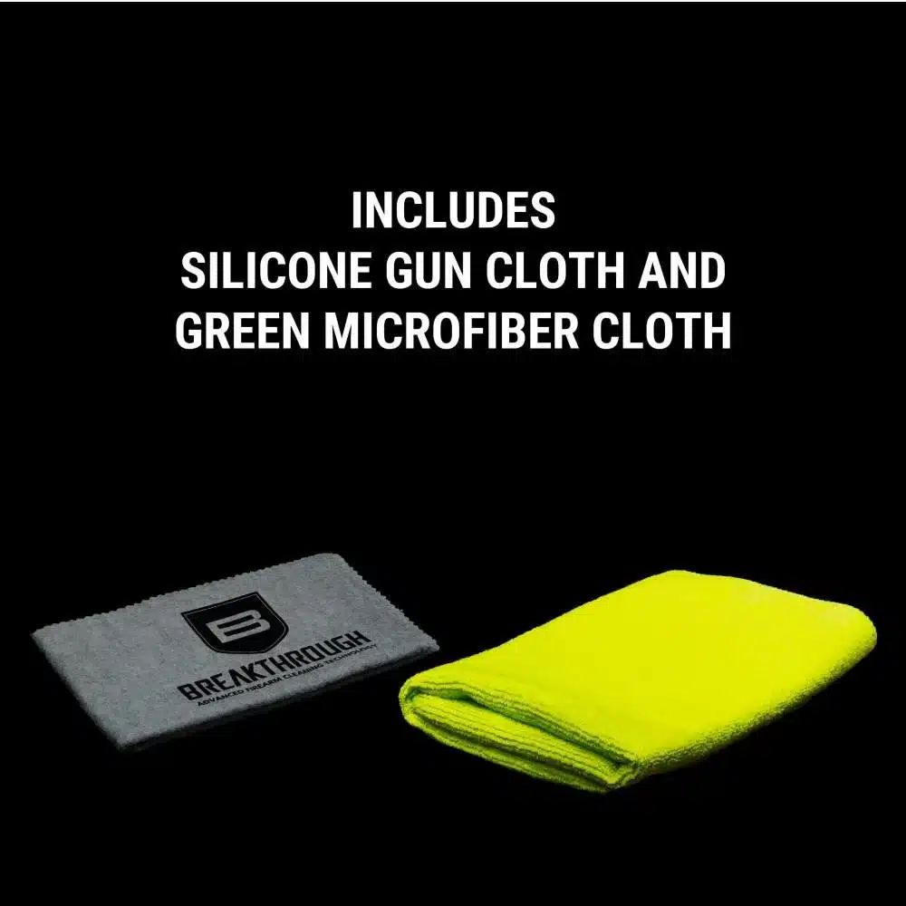 Two cleaning cloths: a gray silicone gun cloth with a logo and a bright green microfiber cloth, displayed against a black background.